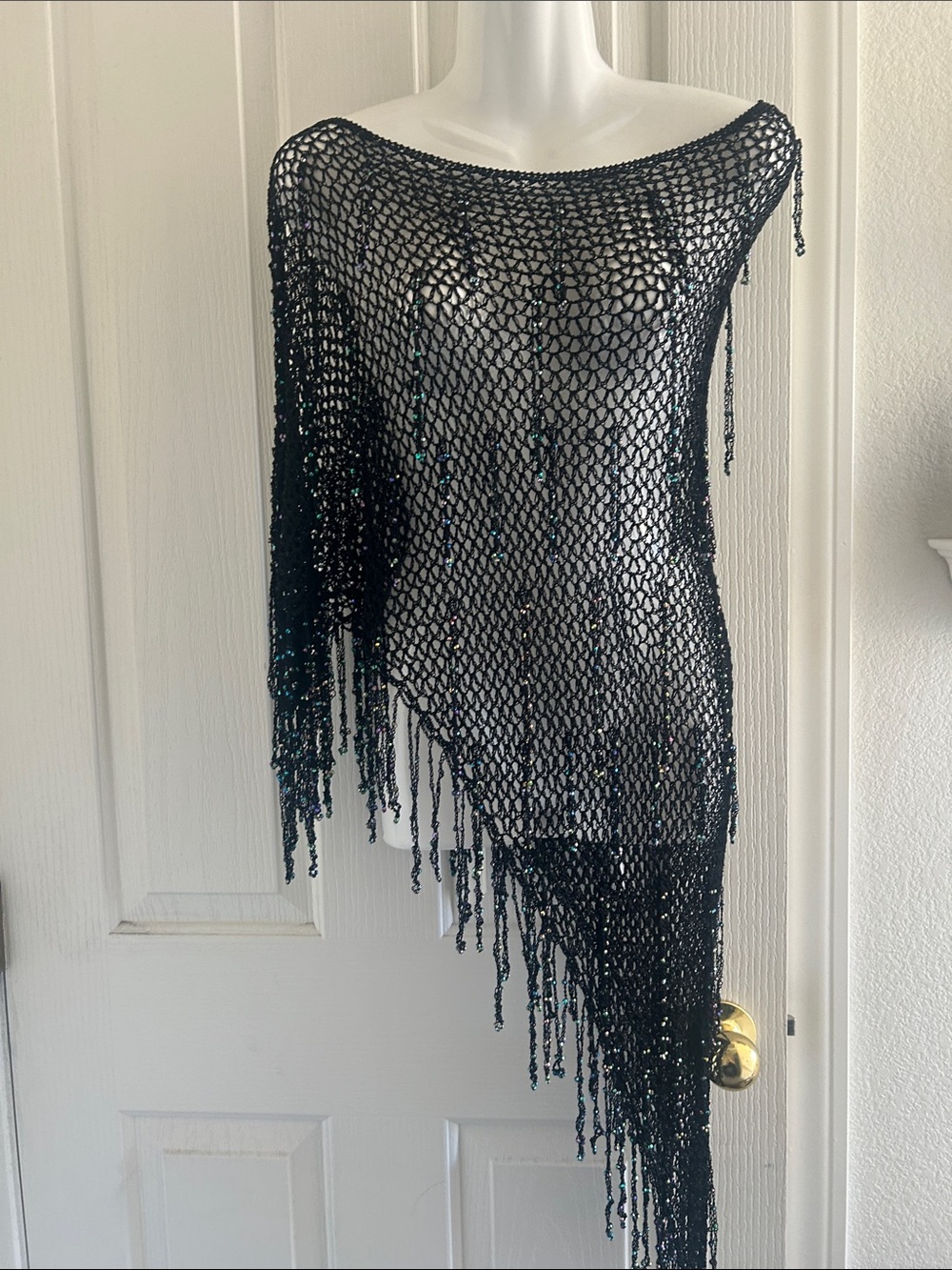 Boston Proper Black Asymmetric Beaded Mesh Top
